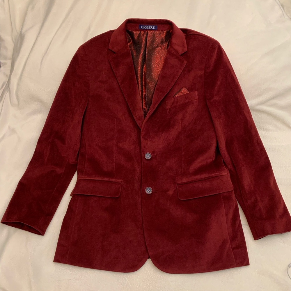 Boys Sz 12 cranberry velvet tuxedo jacket.